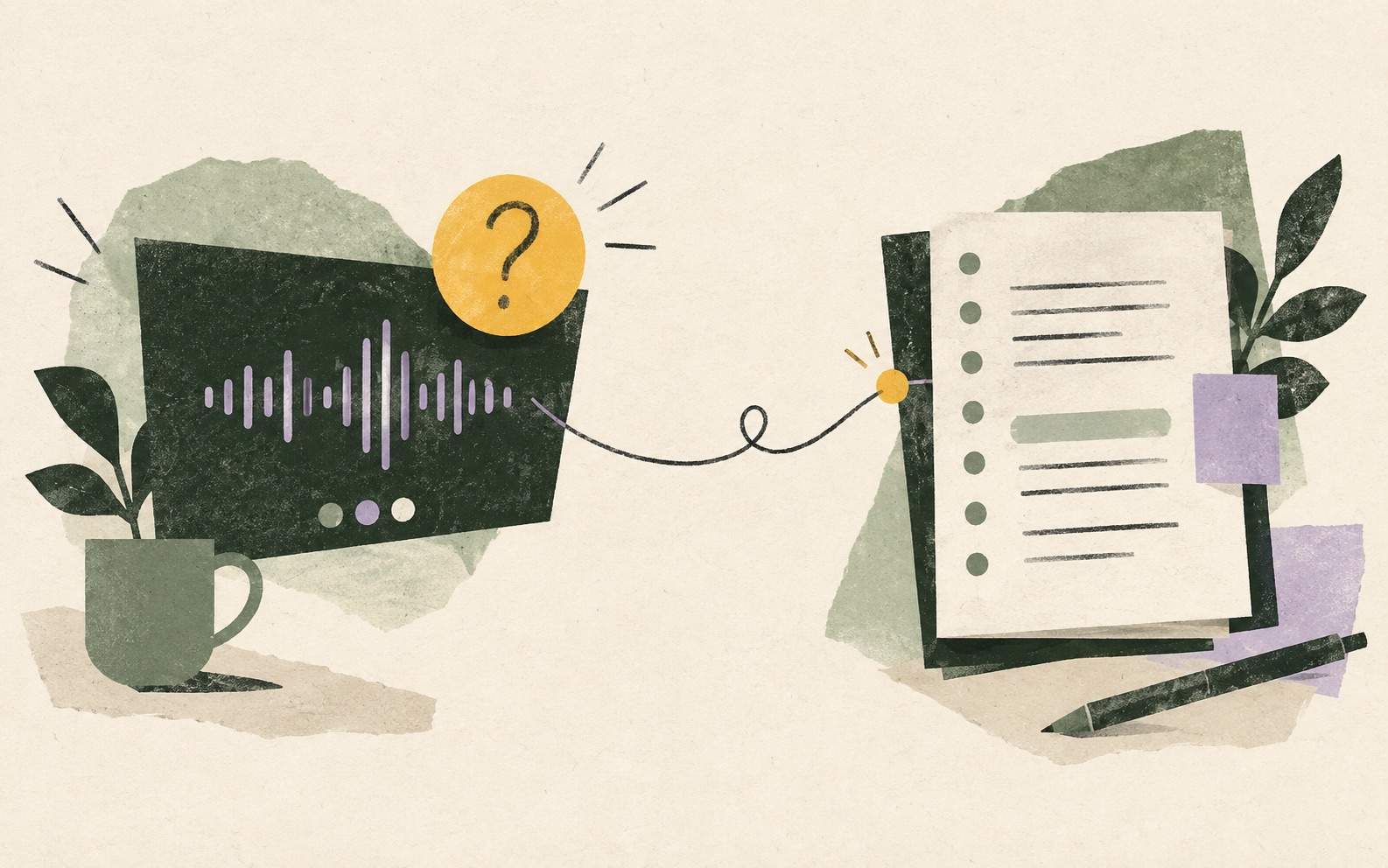 Editorial paper collage comparing a live meeting waveform with an organized notebook