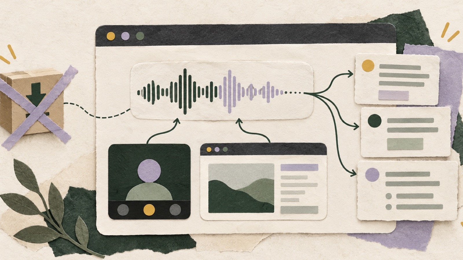 Paper collage of a browser window routing meeting audio into notes without a software download