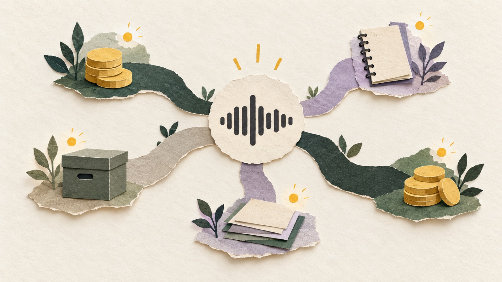 Paper collage with a meeting waveform branching toward coins, a notebook, note cards, and an archive box