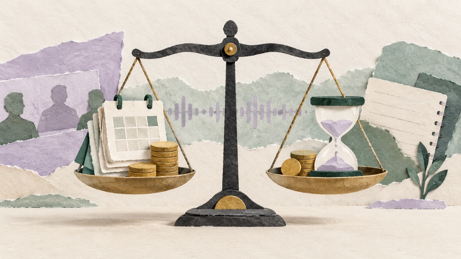 Paper collage with a balance scale comparing recurring calendar payments with an hourglass and individual meeting hours