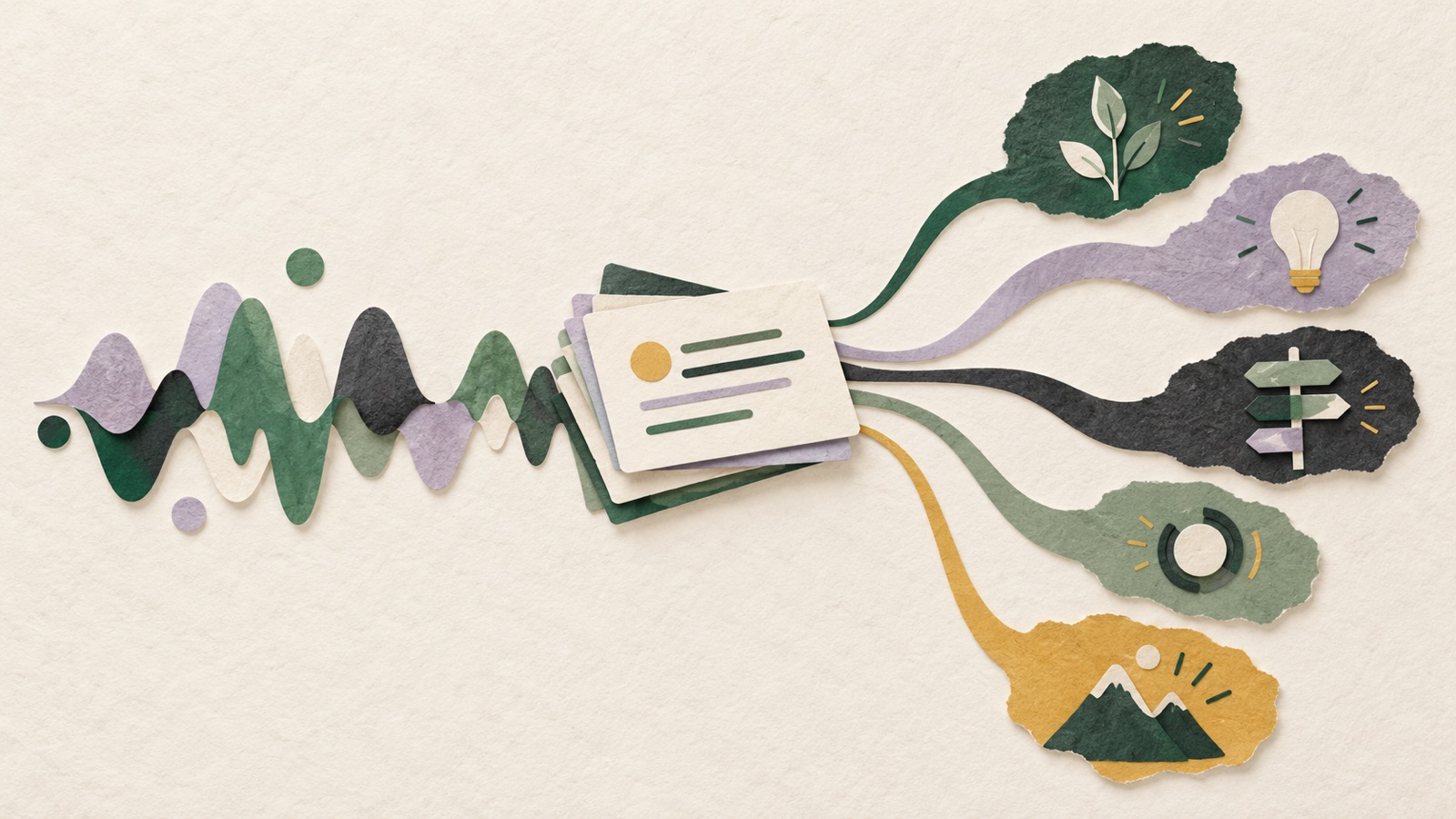 Paper collage of a live waveform flowing toward five prompt and context pathways