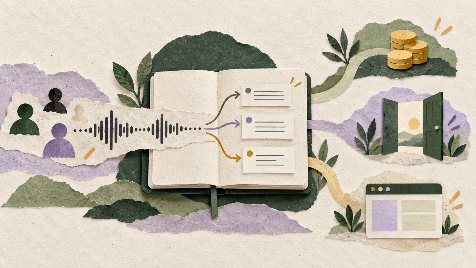 Paper meeting waveform flowing into an open notebook and branching toward coins, an open doorway, and a browser