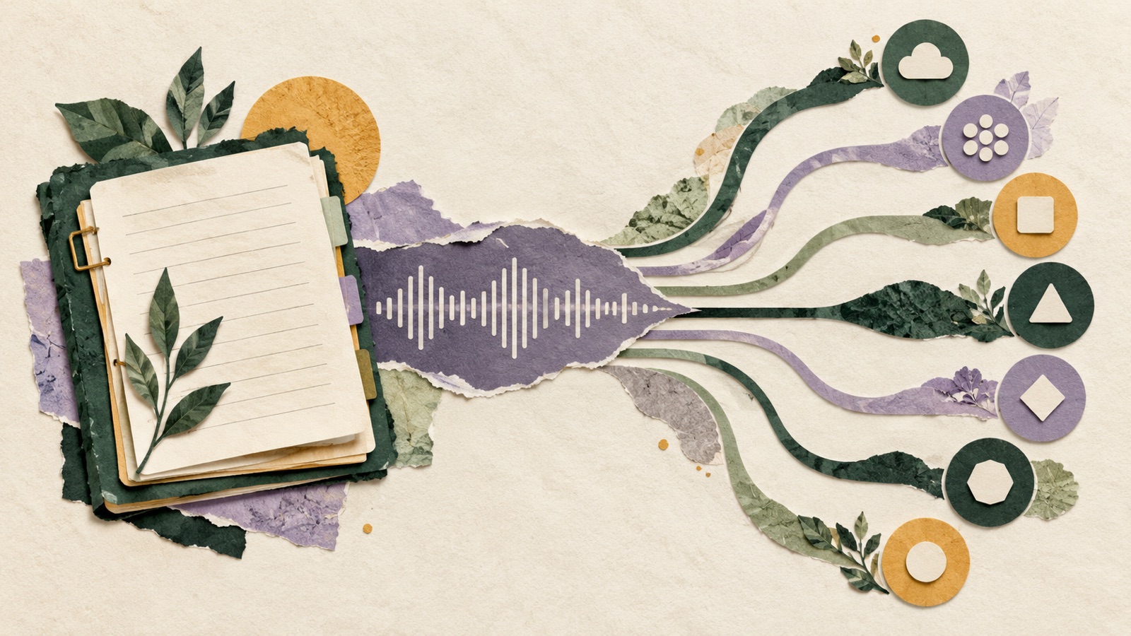 Paper collage of a waveform dividing into a notebook path and a live assistance path