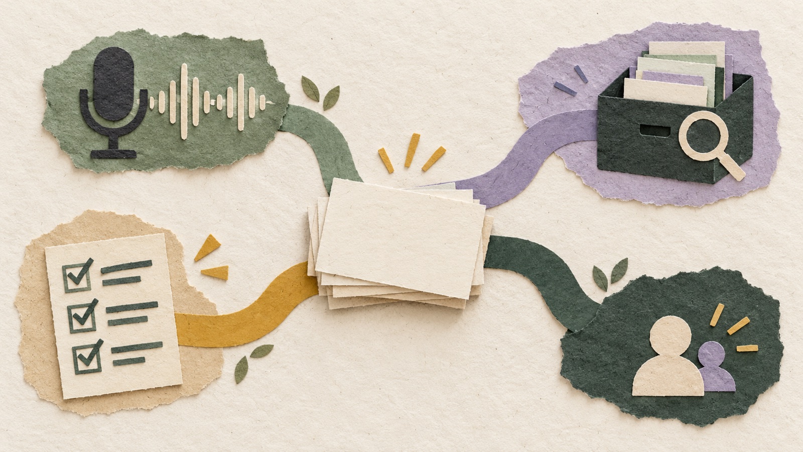 Paper meeting notes connected to a microphone waveform, searchable archive, checklist, and live assistance