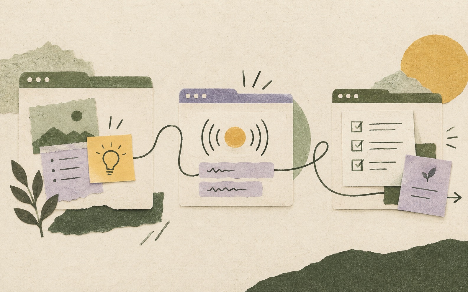 Three connected paper browser stages for preparing, meeting, and follow-up