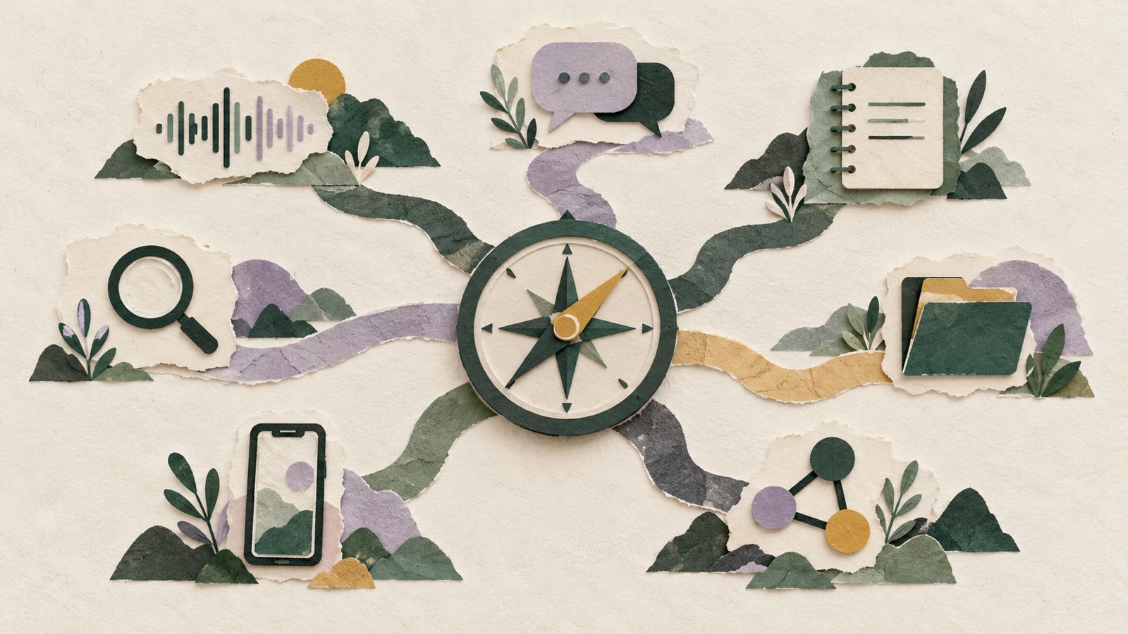 Paper collage of a compass directing meeting notes toward seven different workflow paths