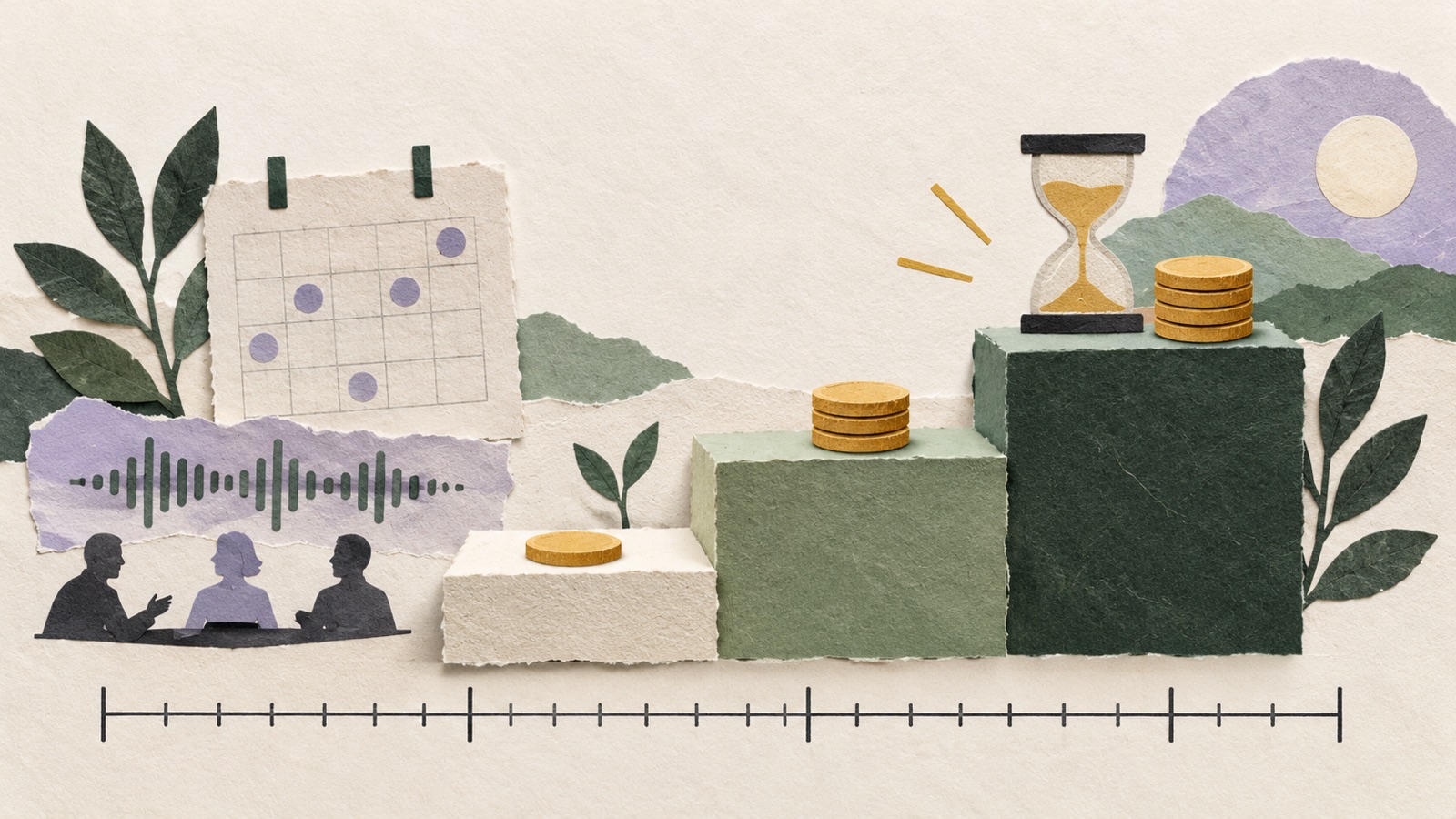Paper collage of three meeting pricing tiers with coins, a calendar, waveform, hourglass, and unlabelled usage scale