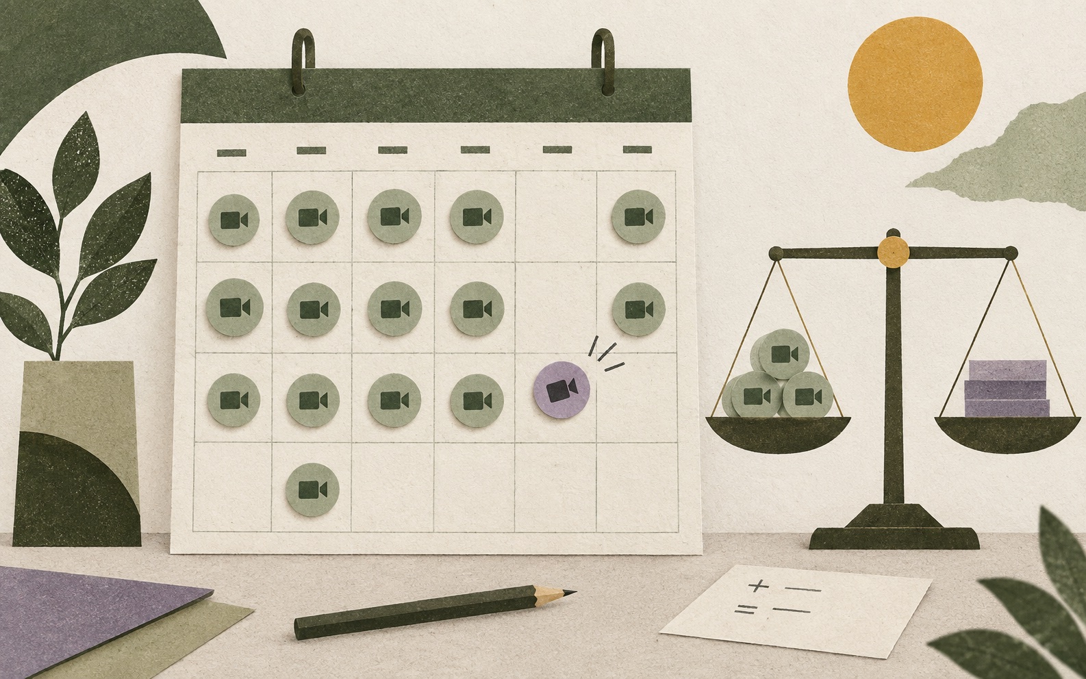 Editorial paper collage of meeting-hour tokens arranged across a calendar