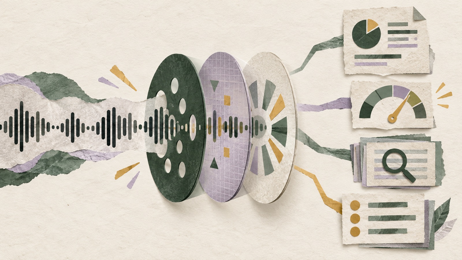 Paper collage of a meeting waveform moving through analysis lenses into reports, playback, and search