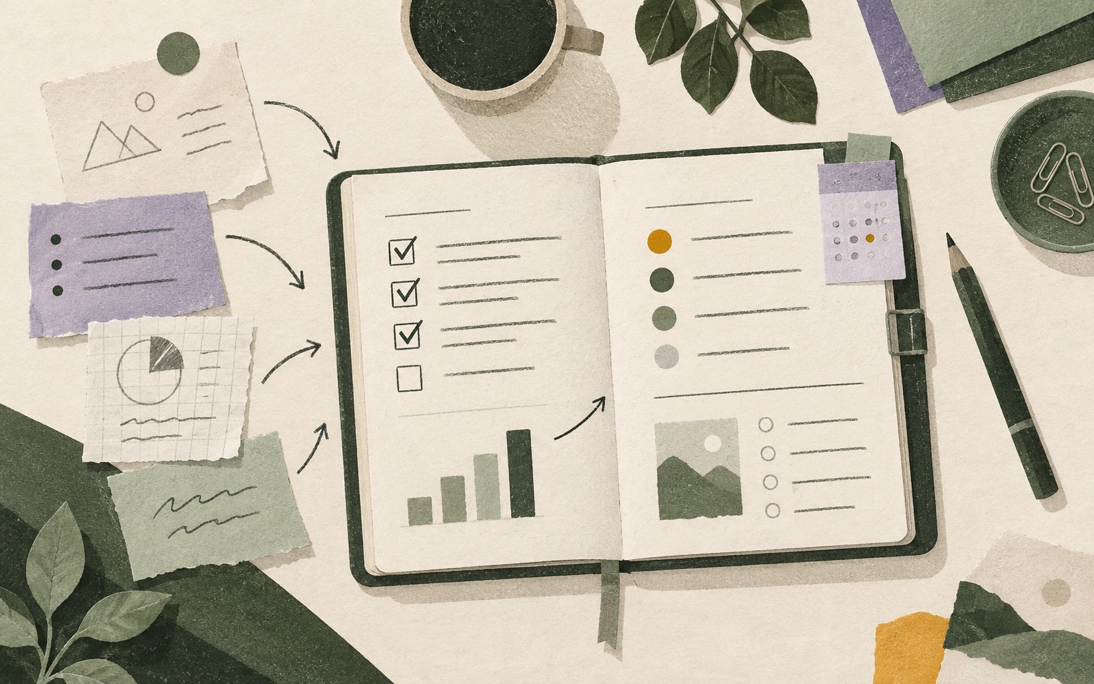 Paper collage of an open sales notebook gathering scattered call details