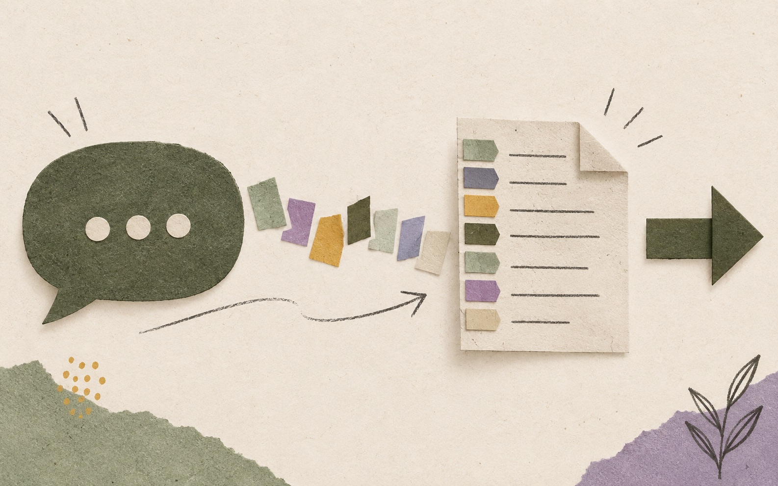 Paper conversation bubble becoming an organized follow-up message