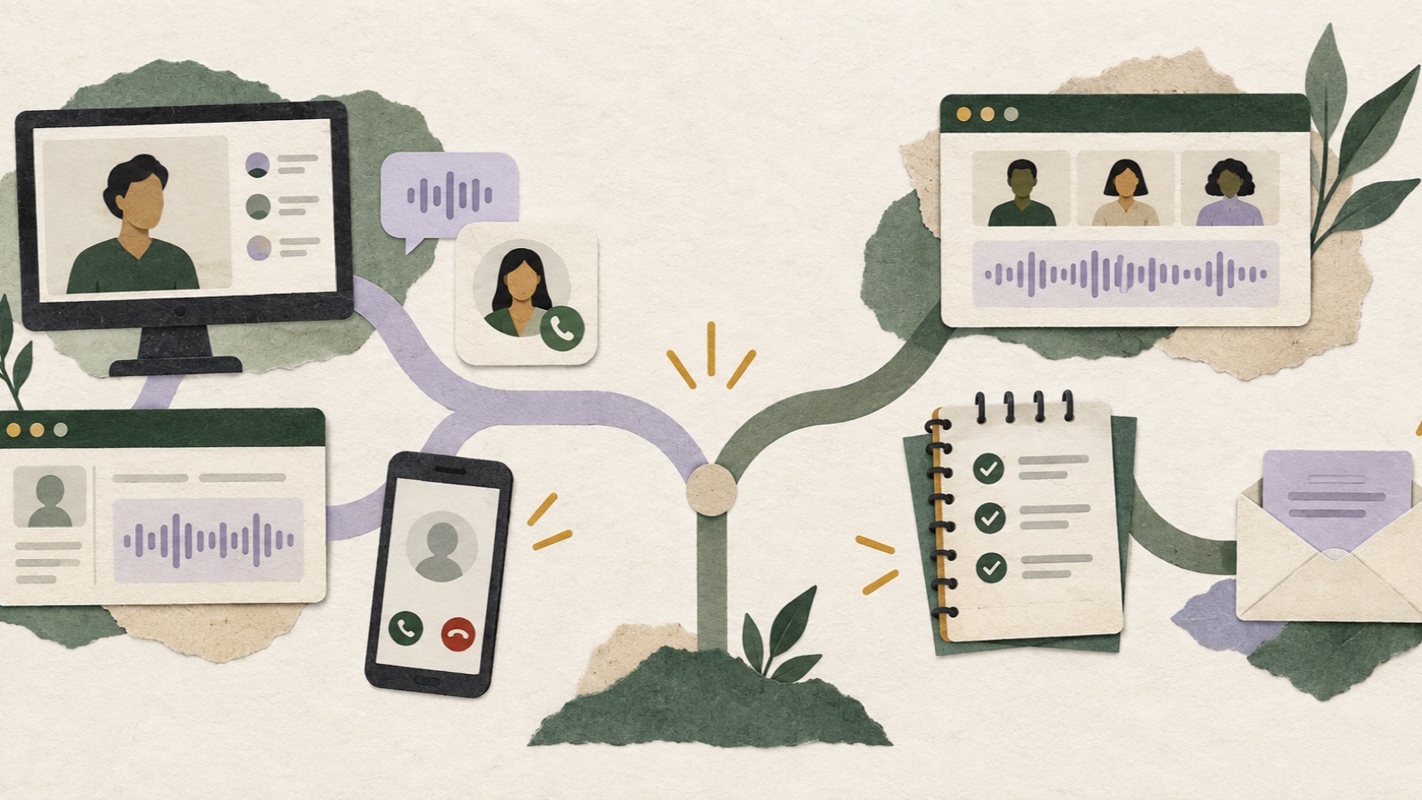 Editorial paper collage comparing cross-device live call help with organized meeting notes and follow-up