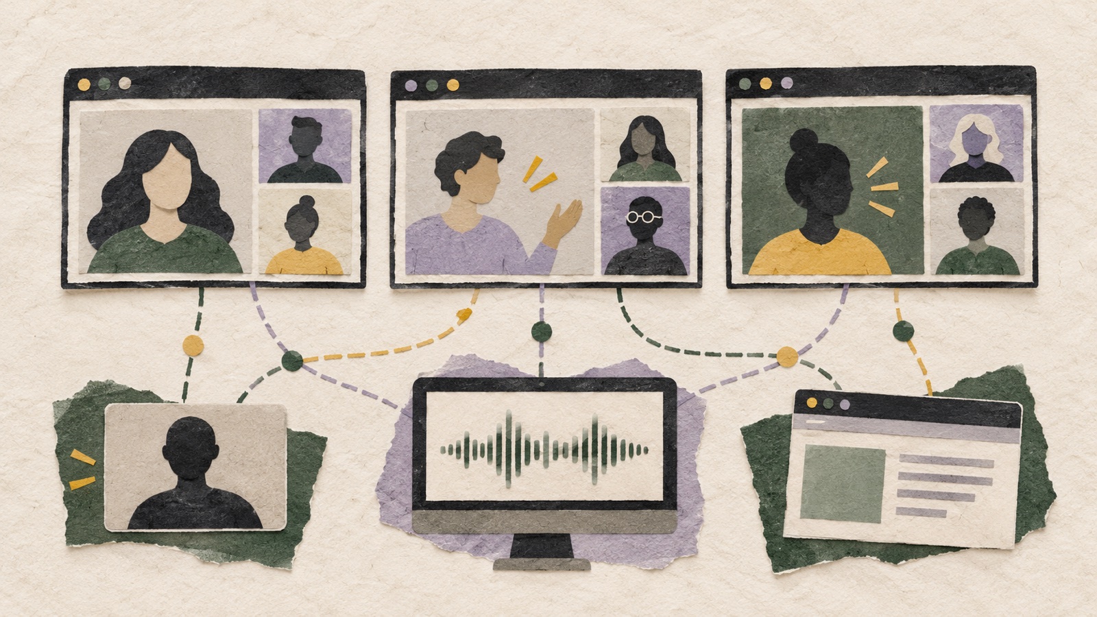 Paper collage of three video meeting windows leading to bot, desktop, and browser capture paths