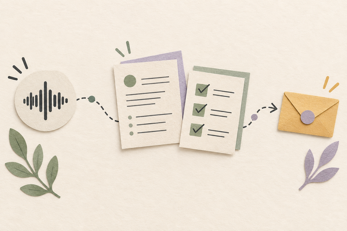 A meeting waveform becomes concise notes, checked action items, and a ready follow-up