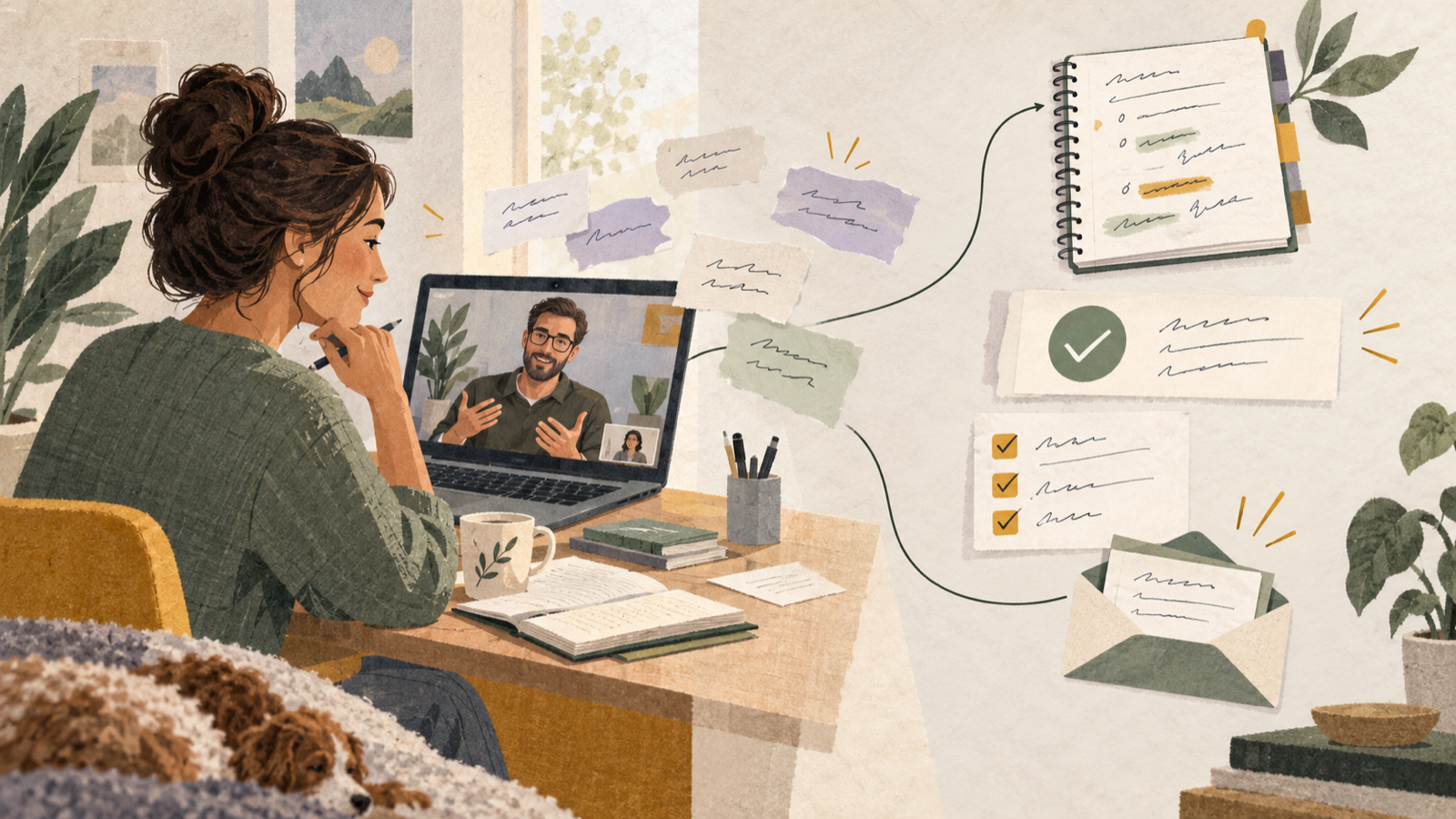 A consultant stays focused on a client conversation while the discussion becomes organized notes and deliverables