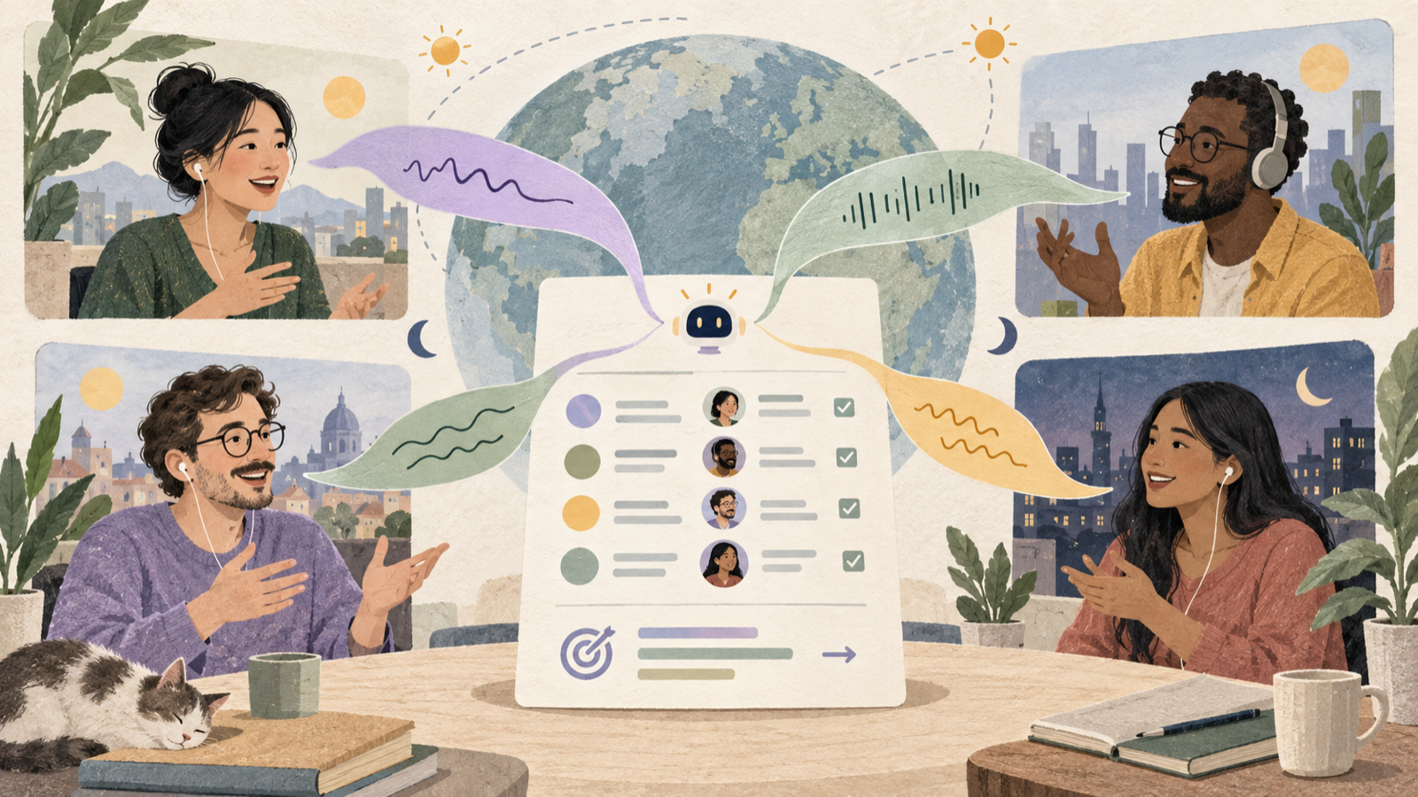A multilingual global team contributes from different time zones to one shared record of decisions and next steps
