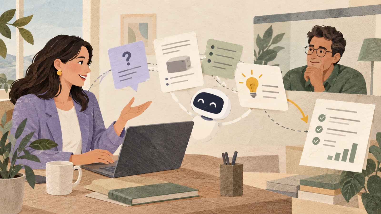A sales representative handles a buyer question during a remote demo as the conversation becomes a clear follow-up